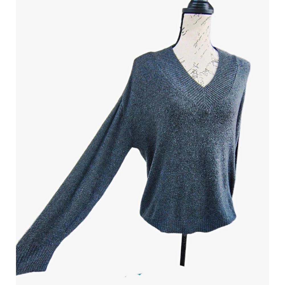 Womens Gray V-Neck Lightweight Knit Pullover Fall Sweater L Academia Capsule